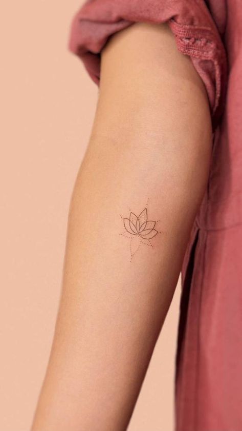 Minimalist hand poked lotus flower tattoo on the inner Lotus Yoga Tattoo, Buddhist Flower Tattoo, Modern Lotus Tattoo, Buddhist Lotus Tattoo, Lotus Flower Fine Line Tattoo, Dainty Lotus Tattoo, Fine Line Lotus Flower Tattoo, Lotus Flower Tattoo Hand, Lotos Flowers Tattoo