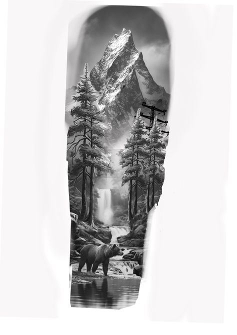 Bear Trees Tattoo, Grizzly Bear Chest Tattoo, Jungle Forearm Tattoo, Landscape Forearm Tattoo, Bear Sleeve Tattoo Men, Mountain Sleeve Tattoo, Eagle Shoulder Tattoo, Forest Forearm Tattoo, Forest Tattoo Sleeve