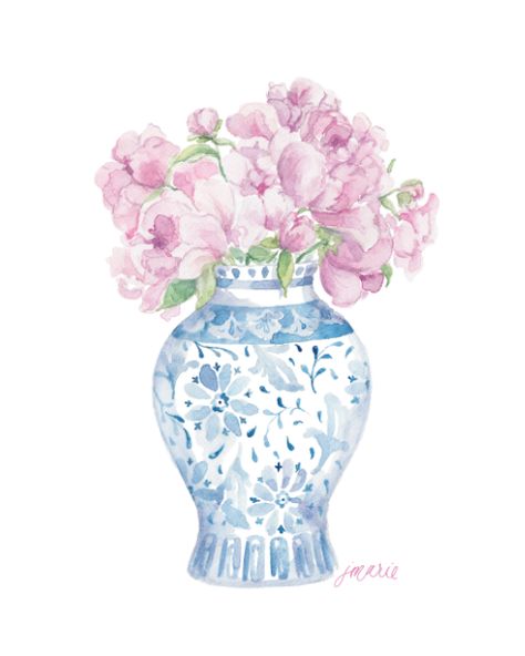 Peonies Art, Peonies Watercolor, Peonies Art Print, Peony Art, Blue Artwork, Jar Art, Watercolor Walls, Photo Wall Collage, Ginger Jar