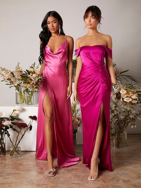 Fuscia Satin Dress, Hot Pink Dress Bridesmaid, Satin Hot Pink Dress, Hot Pink Bridesmaid Dresses Wedding, Hot Pink Bridesmaid Dress, Pink Dress Hairstyle, Hot Pink Dress Outfit Wedding, Hot Pink Wedding Guest Dress, Fuchsia Dress Outfit Wedding