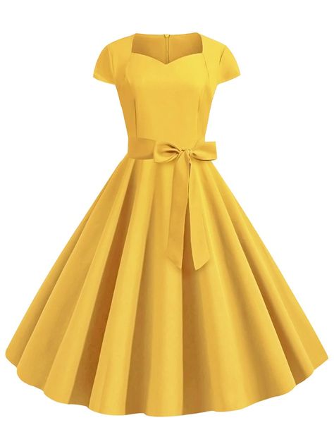 Sweetheart Neck Vintage Fit and Flare Dress Elegant Work Dress, Retro Yellow, Vintage Dress 60s, Hepburn Style, Prom Dresses Sleeveless, Rockabilly Dress, Womens Vintage Dresses, Cap Dress, Midi Dress Party