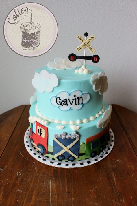 Train cake. Little boy train cake. rail road crossing signs. Two tiered birthday cake Choo Choo Im Two Cake, 2nd Birthday Train Cake, Train Themed Birthday Cake, Train Birthday Cake Ideas, Train Cakes For Boys 2nd Birthday, Chugga Chugga Two Two 2nd Birthday Cake, Chugga Chugga Two Two Cake, Train Cakes For Boys, Two Tiered Birthday Cake