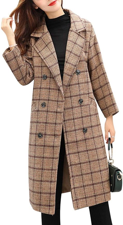 Tanming Double-Breasted Plaid Wool-Blend Coat Boots With Leggings, Plus Size Cute, Mens Fashion Winter, Chicago Vintage, Knee Length Coat, Outfit College, Nyc Fall, Pea Coats Women, Red Trench Coat