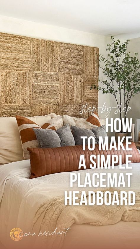 Make this easy DIY jute placemat headboard. DIY headboards are one of my favorite projects because they’re so easy to build and customize to create a unique book for your space. You can build this diy textured headboard with a wood frame and some jute placemats. I built this headboard as part of an organic modern room makeover I did a couple years ago and decided to re-purpose it for one of the bedrooms at Mulberry manor — the 1840s house I’m renovating with my best friend. #diyprojects Diy Headboard Ideas Easy, Unique Headboard Ideas, Bed Headboard Ideas, Wood Headboards, Headboard Makeover, Headboard Alternative, Creative Headboard, Diy Wood Headboard, Diy Bed Headboard