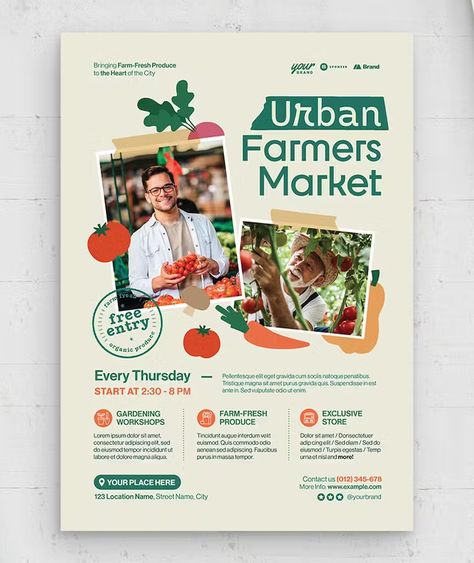 Modern Farmers Market Flyer Template EPS, AI Poster Modern Design, Farmers Market Website Design, One Page Flyer Design, Farming Graphic Design, Flyer Graphic Design Inspiration, Flyer Inspiration Design, We Are Open Poster, Event Flyer Design Layout, Market Flyer Design