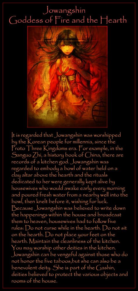 Jowangsin, Korean Goddess of Fire and the Hearth (personal BOS) Korean Gods Mythology, Japanese Goddess Names, Hearth Goddess, Korean Goddess Mythology, Korean Mythology Art, Japanese Gods And Goddesses, Korean Mythology Creatures, Korean Goddess, Japanese Deities