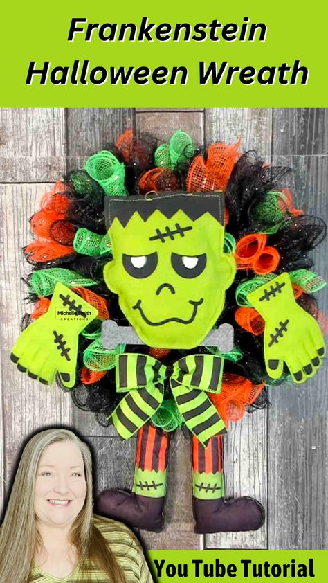 Diy Dollar Store Halloween Wreath, Frankenstein Wreath Diy, Dollar Tree Frankenstein Wreath, Frankenstein Wreath Ideas, Halloween Wreath Ideas Diy Dollar Tree, Diy Halloween Wreath Dollar Tree, Dollar Tree Halloween Wreath Diy, Halloween Wreaths Diy Dollar Stores, Dollar Tree Halloween Wreath