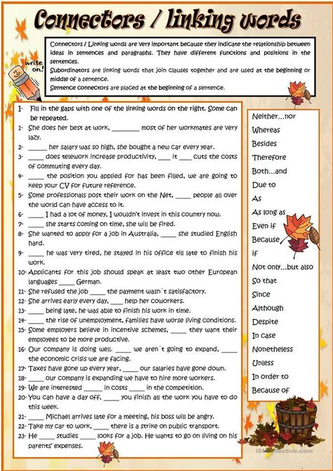 Connectors / linking words worksheet - Free ESL printable worksheets made by teachers Linking Words Worksheets, Sentence Connectors, Connecting Words, Linking Words, English Grammar Exercises, Grammar Exercises, English Exercises, Teaching English Grammar, English Grammar Worksheets