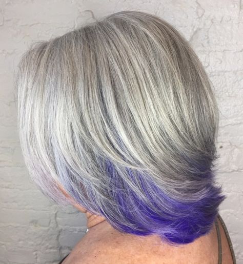 Gray Medium Bob with Purple-Blue Peek-A-Boo Bottom Layer Haircuts For Gray Hair, Britney Spears 90s, Classic Bob Hairstyle, Purple Hair Highlights, Gray Hair Styles, Grey Curly Hair, Salt And Pepper Hair, Gorgeous Gray Hair, Transitioning Hairstyles