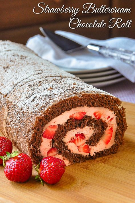 Strawberry Buttercream Chocolate Roll. This very summery looking chocolate roll cake is filled with very easy to make strawberry frosting and chunks of fresh strawberries. No artificial colouring. #homemadecake #jellyroll #chocolateroll #chocolate #scratchcake #oldfashionedrecipes #oldfashionedbaking Chocolate Roll Cake, Buttercream Chocolate, Swiss Roll Cake, Cake Roll Recipes, Rock Recipes, Chocolate Roll, Strawberry Frosting, Strawberry Buttercream, Strawberry Puree