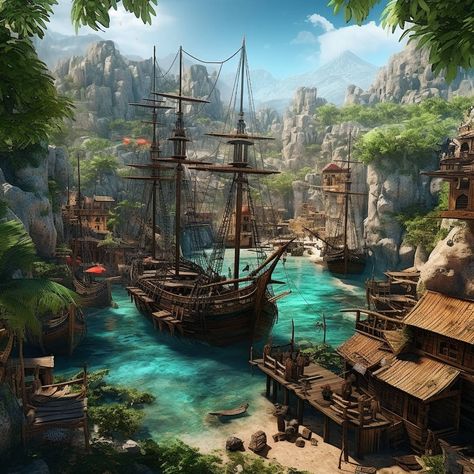 Pirate Cove Concept Art, Seaside Village Fantasy Art, Fantasy Archipelago, Fantasy Beach Town, Dnd Castle, Pirate Village, Shipwreck Cove, Dnd Pirates, Ghosts Of Saltmarsh