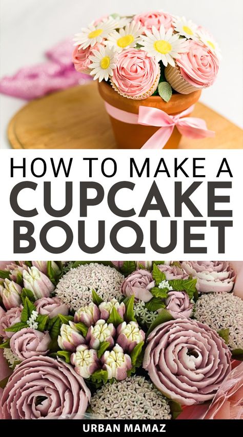 How to Make a Cupcake Bouquet Simple Cupcake Bouquet, Spring Cupcake Bouquet, Easy Cupcake Bouquet, Flower Garden Cupcakes, How To Make A Cupcake Bouquet Tutorials, Diy Floral Cupcakes, How To Make Floral Cupcakes, Floral Cupcake Centerpieces, How To Make Flower Cupcakes Tutorials