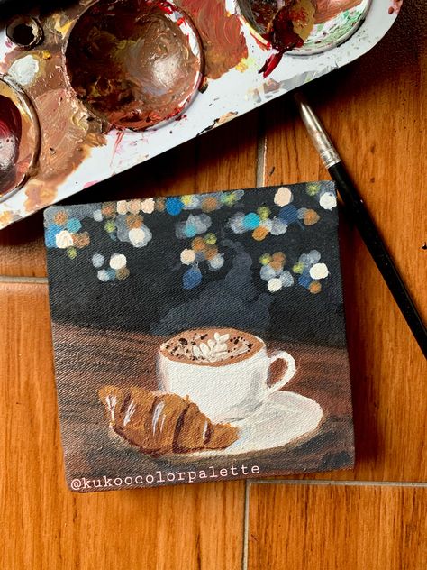 Coffee And Painting Aesthetic, Mini Canvas Art Coffee, Coffee Canvas Art, Coffee Painting Aesthetic, Painting Ideas Coffee, Coffee Painting Ideas, Coffee Acrylic Painting, Coffee Canvas Painting, Painting Of Coffee