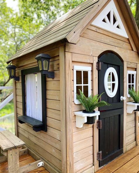 Backyard Discovery Aspen Playhouse Makeover, Black Playhouse, Playhouse Paint Ideas, Update Patio, Wooden Playhouse Makeover, Kids Playhouse Ideas, Kids Playhouse Interior, Kidkraft Playhouse Makeover, Diy Wooden Playhouse