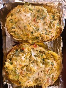 Green Chile Chicken- Stuffed Spaghetti Squash Chicken Stuffed Spaghetti Squash, Stuffed Spaghetti Squash, Green Chili Chicken, Green Chile Chicken, Free Keto Meal Plan, Chili Chicken, Green Enchilada Sauce, Chicken Stuffed, Chicken Spaghetti Squash