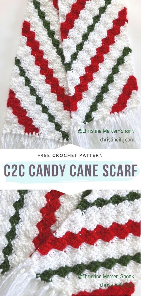 C2C Candy Cane Scarf Free Crochet Pattern Whether you love candy or not, you are going to fall in love with this crochet pattern for a corner-to-corner scarf by Christine Mercer-Shank. #CrochetC2CScarf #CrochetScarf #FreeCrochetPattern Christmas Scarf Pattern, Christmas Scarf Crochet, Candy Cane Scarf, Crochet C2c Pattern, Christmas Afghan, Christmas Crochet Blanket, Crochet Christmas Gifts, Crochet Scarf Pattern Free, Crochet Xmas