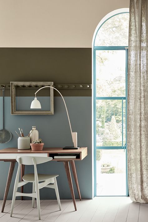 Upper wall: Portland Stone Dark 157 Middle wall: Invisible Green 56 Lower Wall: Livid 263 Flooring: French Grey Dark 163 Home Office Paint Ideas, British Paints, Green Grey Paint, Wood Primer, Portland Stone, Grey Paint, Little Greene Paint, Paint Shades, Little Greene