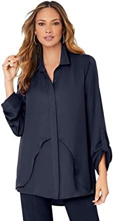 Roaman's Women's Plus Size Georgette Overlay Big Shirt Long Shirt Blouse Big Shirt, Current Fashion Trends, Long Tunic, Formal Outfit, Womens Tunics, Linen Women, Long Shirt, High Low Hem, Shop Blouses