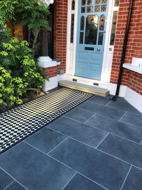 Tiled Front Garden Paths, Outdoor Victorian Tiles, Outdoor Tiles Front Of House, Tiled Front Garden, Tiled Front Entrance, Victorian Tiled Path, Victorian Pathway Tiles, Victorian Driveway Ideas, Tiled Pathway Front Doors