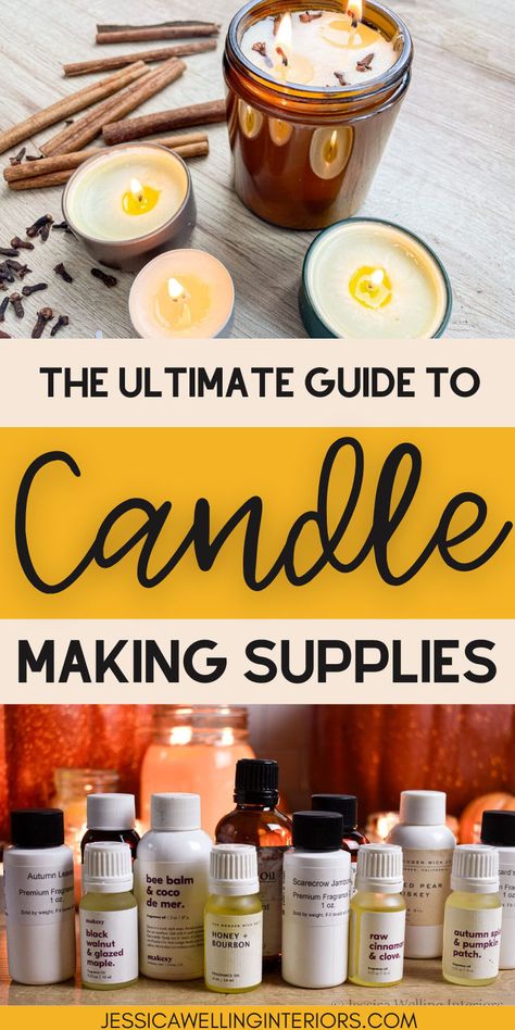 The best candle making supplies for beginners- everything you need, from candle wax, to wicks, jars, and wax dye. Candal Making At Home, Making Candles With Essential Oils, Home Made Candles Diy, Diy Candle Scents Recipes, Candle Vessel Ideas, How To Make Soy Candles, Diy Candle Jars Decoration, Candles Making Ideas, Candle Making Studio At Home