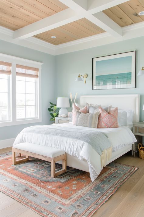 130+ Serene Coastal Bedroom Decor Ideas Farmhouse Coastal Bedroom Ideas, Ocean Guest Room, Light Blue And Green Bedroom Ideas, Modern Coastal Bedroom Ideas, Coastal Farmhouse Bedroom, Beach Rooms, Costal Bedroom, Coastal Room Decor, Modern Coastal Bedroom