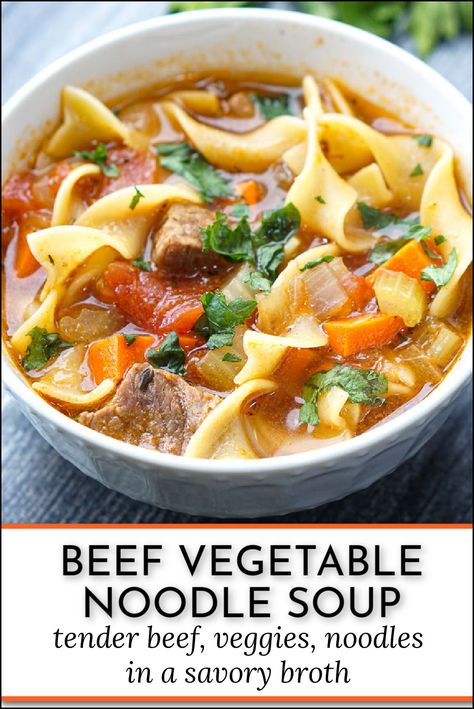 white bowl with beef noodle vegetable soup and text Veggie Beef Soup With Noodles, Crockpot Vegetable Noodle Soup, Beef Soup Noodle, Vegetable Beef Noodle Soup Crockpot, Vegetable Soups And Stews, Beef And Noodle Soup Recipes, Beef Broth Soups, Beef Broth Recipes Dinners, Egg Noodle Soup Recipes