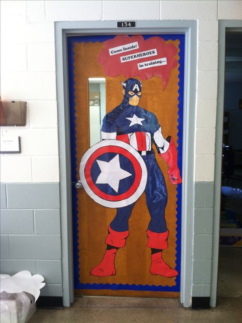 Captain America theme Captain America Bulletin Board, Superhero Classroom Door Decorations, Superhero Classroom Door, Hero Headquarters, Superhero School Theme, Superhero Door, Superhero Classroom Decorations, Superhero School, Superhero Classroom Theme