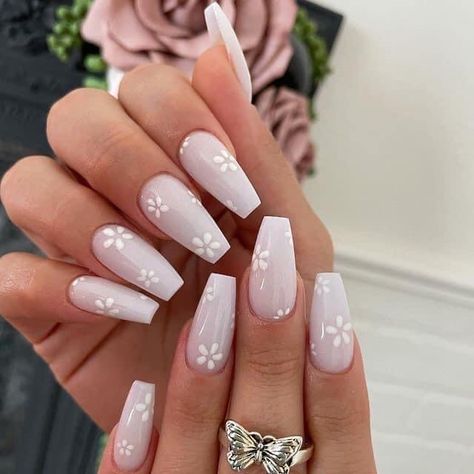 White Flower Nails Coffin, Easy Drawing Nails, Milky White Nails With Flower Design, Spring Ballerina Nails, Simple Nails With Flowers, Ballerina Nails Spring, Neutral Acrylic Nail Designs, Married Nails, Ballerina Spring Nails