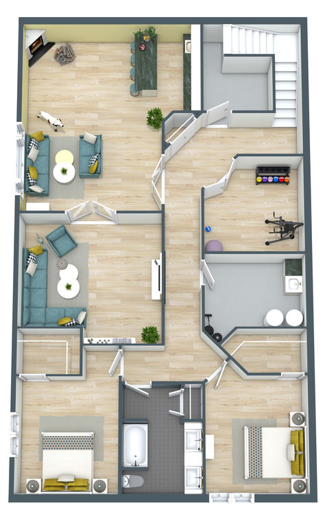 A yellow and blue 3D floor plan of a basement with two bedrooms, one bathroom, and an open concept. Full Basement Ideas Floor Plans, Small Basement Layout Floor Plans, Basement Apartment Layout, Basement Layout Ideas Floor Plans Design, Basement Floor Plans Layout, 1000 Sq Ft Basement Layout, Rec Center Floor Plan, Basement And Ground Floor Plan, Basement Apartment Floor Plan