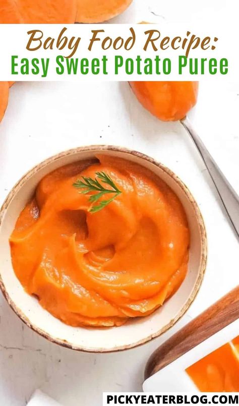 This simple to make, sweet potato baby food recipe is an easy puree that is quick, easy and great for babies 6 months of age or older! It's popular first food for babies, and is packed with vitamins and nutrients! Sweet Potato Recipe For Baby, Pureed Sweet Potato Recipes, Sweet Potato Baby Food Recipe, Sweet Potato Puree Baby, Apple Puree For Baby, Maggie Food, Sweet Potatoes For Baby, Potato Purée, Sweet Potato Baby Food