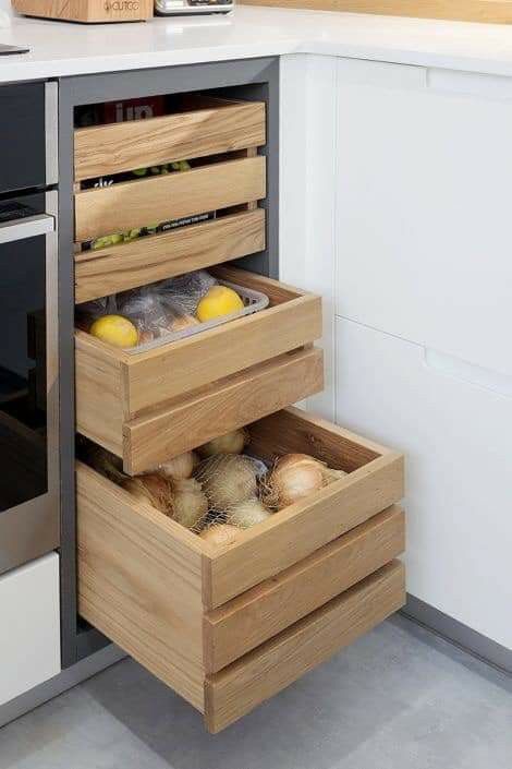 Kitchen Inside Cabinets Ideas, Kitchen Fruit Storage, Easy Kitchen Organization, Desain Pantry Dapur, Kitchen Organization Ideas, Desain Pantry, Kitchen Cupboard Designs, Kabinet Dapur, Kitchen Pantry Design