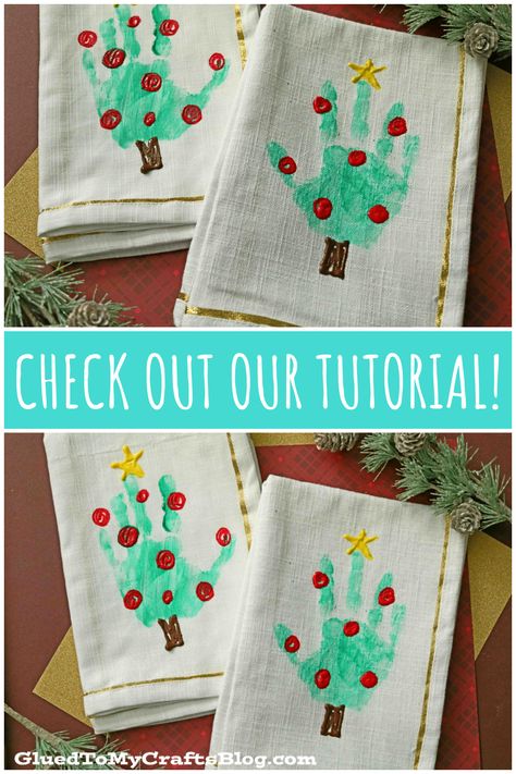 Christmas Tea Towels Diy Kid Art, Christmas Handprints For Kids, Christmas Toddler Crafts Gifts, Handprint Christmas Art, Handprint Tablecloth, Christmas Tablecloth Ideas, Diy Christmas Gifts For Parents, Handprint Art Christmas, Preschool Christmas Gifts