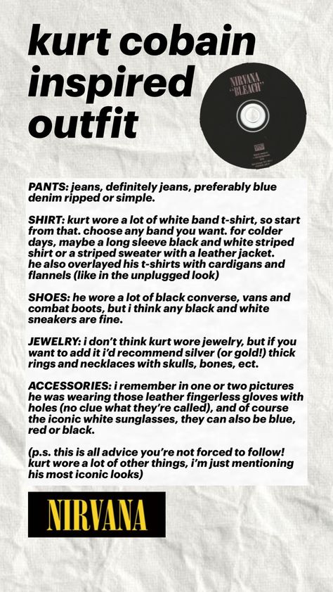 Nirvana Inspired Outfits, Nirvana Outfit Ideas, Kurt Cobain Outfit Inspiration, Kurt Cobain Outfit Ideas, Nirvana Jewelry, Kurt Cobain Outfit, Nirvana Outfit, Kurt Cobain Style, Nirvana Shirt