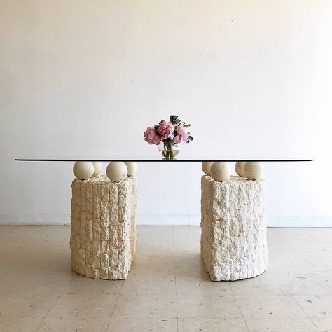 The Eclectic Den | Vintage on Instagram: “Vintage 6ft Postmodern Tessellated Stone + Beveled Glass Pedestal Dining Table // $850 . Gorgeous floating effect with the surfboard cut…” Tessalated Stone Table, Stone Glass Table, Glass Table Base Ideas, Mediterranean Dining Table, Glass Dining Table Decor, Mediterranean Dining, Retro Dining Rooms, Cement Table, Arch Digest