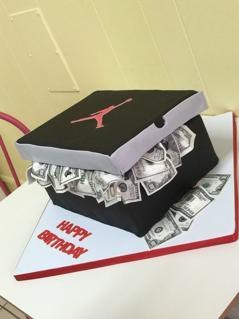 Jordan shoe box with money cake Shoe Box Of Money, Nike Shoe Box Cake, Sneaker Cake Ideas, Shoe Cake Ideas, Jordan Cake Ideas, Jordan Birthday Cake, Jordan Shoe Cake, Shoe Birthday Cake, Box Cake Ideas