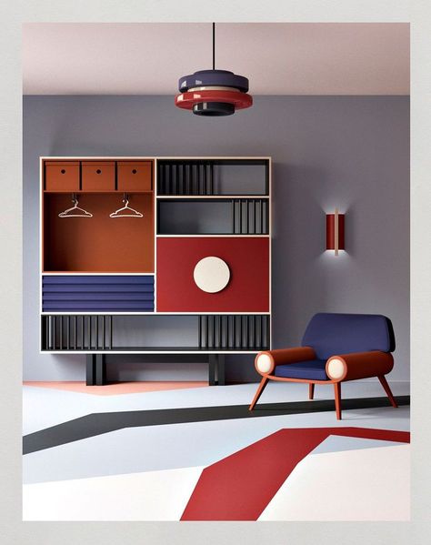 Red Interior Design Modern, Red Blue Interior, Bauhaus Design Interior, Bauhaus Interior Style, Blue Red Interior, Contrast Interior Design, Bauhaus Interior Design, Bauhaus Interior, 3d Interior Design