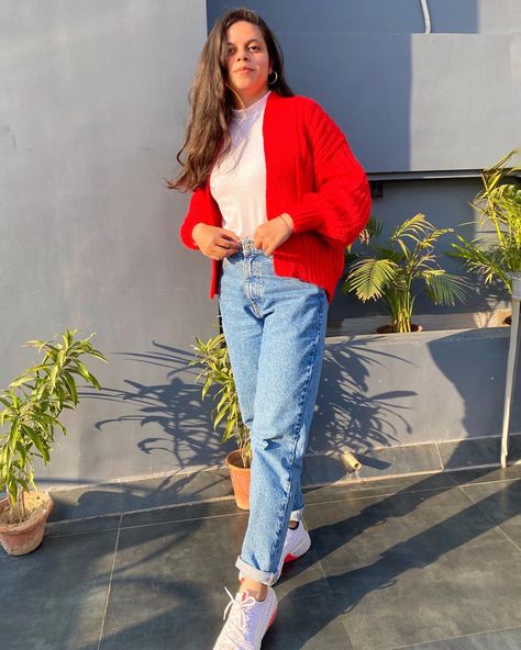 Red Cardigan And Jeans Outfit, Red Long Cardigan Outfit, How To Style Red Cardigan, Red Cardigan Outfit Fall, Winter Outfits Mom Jeans, Red Cardigan Outfit Winter, Target Employee Outfit, Target Employee Outfit Ideas, Orange Cardigan Outfit