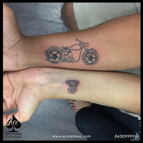 A life without Love & Bike without Engine means nothing at all.. Couple tattoo for a Biker & Love of his life.. Tatoo done by : Archana Nakhua Bhanushali at ACE Tattooz & Art Studio INDIA  #acetattooz #acetattoozindia #acetattoozcolaba #acetattoozghatkopar #itsanacetattooz #besttattoostudio #tattoostudioinmumbai #tattooculture #kingstattoosuppply #stencilstuff #indiantattooartist #tattoocultr #itattyou #tattoosinindia Couple Tattoos Love, Partner Tattoos, Couple Tattoos Unique Meaningful, Best Couple Tattoos, Couple Matching Tattoo, Tattoos Infinity, Motorcycle Tattoos, Bike Tattoos, Couple Tattoos Unique