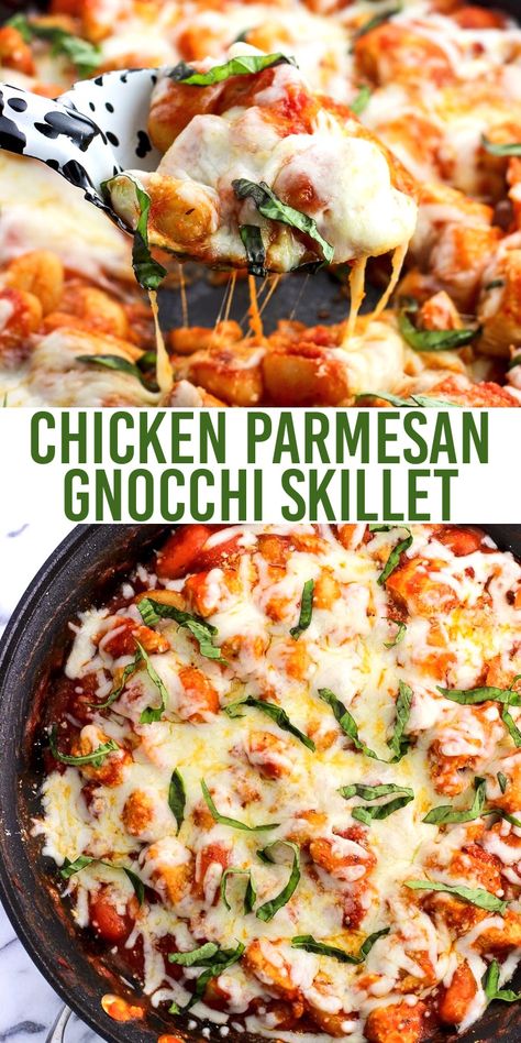 Chicken Parmesan Gnocchi Skillet is a total comfort food meal made all in one skillet. Less dishes to clean with saucy gnocchi, juicy chicken, and Parmesan and mozzarella cheeses. Top with fresh basil for serving and this gnocchi dinner will be a favorite! Chicken Parmesan Gnocchi, Parmesan Ravioli, Gnocchi Parmesan, Parmesan Gnocchi, Skillet Gnocchi, Gnocchi Recipes Easy, Gnocchi Dishes, Pastas Recipes, Chicken Gnocchi