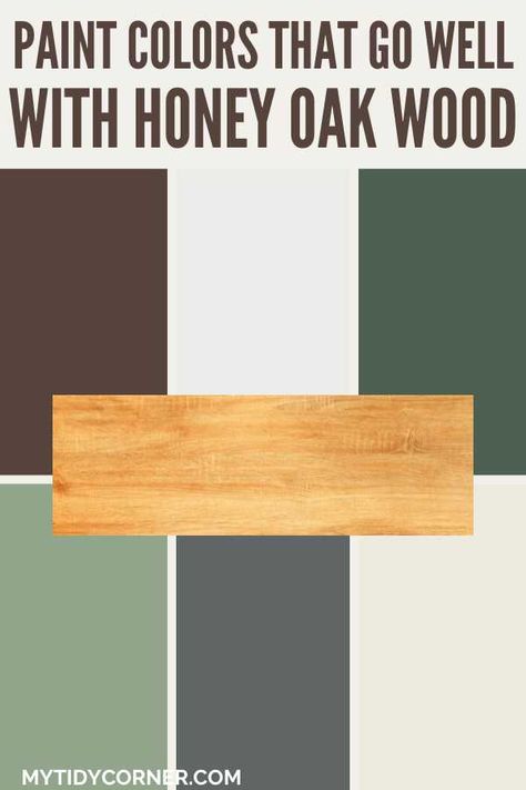 Struggling to find the perfect paint color for your honey oak cabinets or floors? Discover the top paint colors that go with honey oak wood trim, floors, cabinets, furniture, paneling, etc. Here are the best paint colors that go well with honey oak wood. Enhance your decor with the best paint colors that pair with honey oak wood! Create a harmonious look with these paint colors that pair well with honey oak wood. Basement Paint Colors With Oak Trim, Honey Oak Baseboards, Paint Colors That Go With Wood Paneling, Oak Cabinets Green Walls, Oak Cabinet Wall Color Ideas, Honey Oak Trim Paint Colors, Painted Doors Wood Trim, Paint Colors That Go With Pine Wood, Paint For Honey Oak