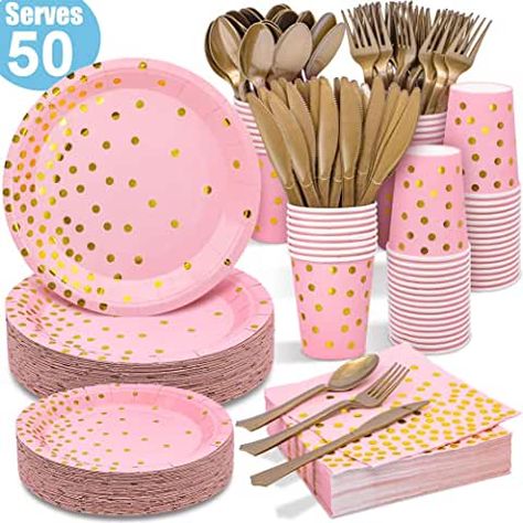 Pink Dinnerware, Plastic Forks, Rose Gold Party, Gold Dot, Kids Party Decorations, Gold Party, Pink Paper, Party Plates, Party Tableware