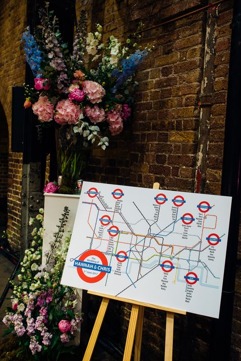 London Underground Map Table Plan | Urban Wedding at Village Underground, London | Marianne Chua Photography. London Theme Wedding, London Themed Wedding, London Theme Wedding Decor, Map Table Plan, London Wedding Theme, Uk Party, Map Table, Wedding Photo Checklist, Underground London