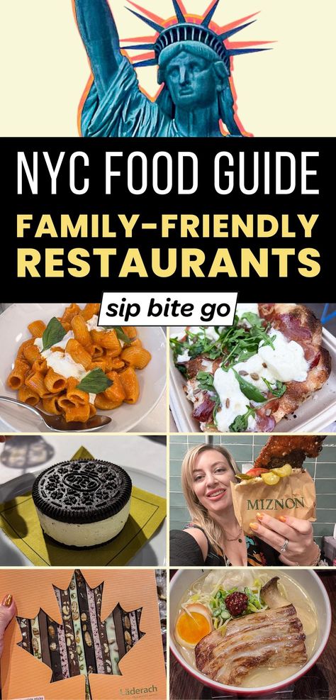 NYC Food Travel Restaurants that are kids friendly guide with Jenna Passaro and text overlay with Sip Bite Go logo Best Family Restaurants In Nyc, Where To Eat In New York City, Nyc Restaurants With Kids, Best Bars In Nyc, Best Food In Nyc, Eat In New York City, New York City With Kids, Fun Restaurants In Nyc, Kids Restaurants