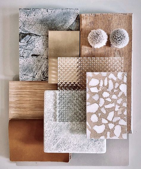 This studio palette sees a mix of natural finishes and textures paired against pale blue hues, elevated with accents of brass and textured glass Material Trend, Materials Board Interior Design, Mark Henry, Mood Board Interior, Sample Board, Material Board, Interior Design Boards, Design Palette, Material Palette