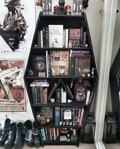 This bespoke bookcase is so perfect!! 😭📸 @Fiiendfyre.#books #bookcase #coffin #black #goth #gothic #gothgoth #home #homegoals Gothic Bookshelf Aesthetic, Bedroom Bookcase Aesthetic, Gothic Bedroom Aesthetic, Coffin Shelf, Goth Bedroom, Gothic Bedroom, Spell Books, Gothic Furniture, Horror Decor