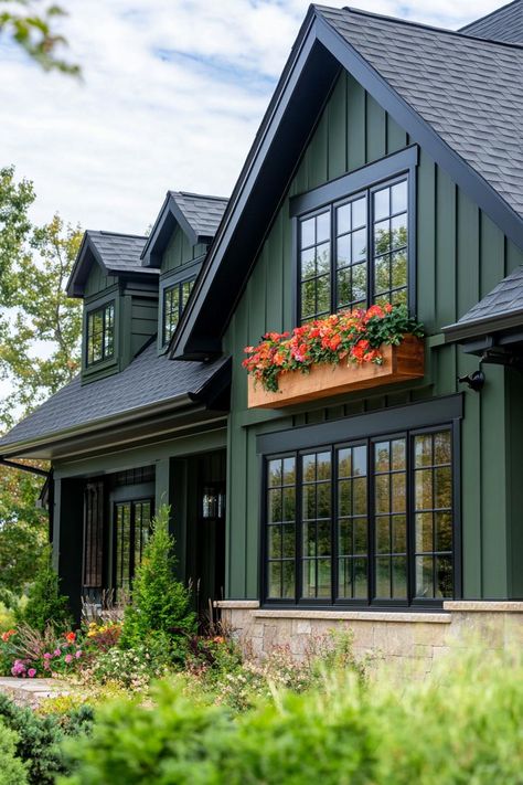 Upclose craftsman house in hunter green siding dark roof modern windows with flower boxes. Fall in love with the charming features, history, and designs that make Craftsman houses so wonderful. Sage Craftsman Exterior, Red Hardie Board House, Outside Vinyl Siding Colors, Sage Board And Batten Siding, Exterior Paint Colors For House With Brick And Siding, Craftsman Home Colors Exterior, Hunter Green Houses Exterior, Home Design Exterior Simple, Pacific Northwest Homes Exterior