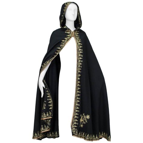 Exotic Gold Embroidered Cloak with Tasseled Hood, 1960s Medieval Cape Cloak, Embroidered Cloak, Hooded Capes, Medieval Cloak, Coat Cape, Dark Goddess, Embroidered Cape, Cape Cloak, Black Cape