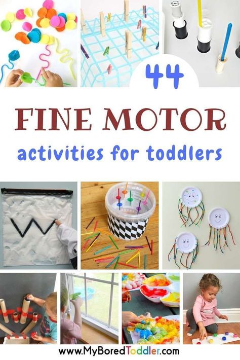 44 fine motor activities for toddlers - a great collection of fine motor activities for 1 year olds, 2 year olds and 3 year olds. Easy fine motor fun for toddlers and preschoolers #myboredtoddler #finemotor #finemotorskills #finemotoractivities #toddlers #toddlercraft #toddleractivity #toddleractivities #preschoolcraft #preschoolactivities #earlylearning Fine Motor 1 Year, Fine Motor Activities For Toddlers, Motor Activities For Toddlers, Toddler Fine Motor Activities, Activity Journal, Toddlers Activities, Summer Homeschool, Fine Motor Activities For Kids, Easy Toddler Activities