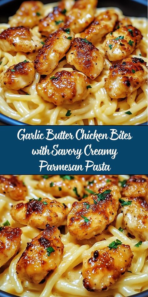 Garlic Butter Chicken Bites with Savory Creamy Parmesan Pasta is a hearty and flavorful dish featuring tender chicken bites sautéed in garlicky butter, served over a rich and creamy Parmesan pasta. Perfect for a comforting and satisfying dinner! Garlic Butter Chicken Bites With Lemon Pasta, Creamy Parmesan Pasta, Garlic Butter Chicken Bites, Butter Chicken Bites, Creamy Parmesan, Parmesan Pasta, Garlic Butter Chicken, Chicken Bites, Tender Chicken