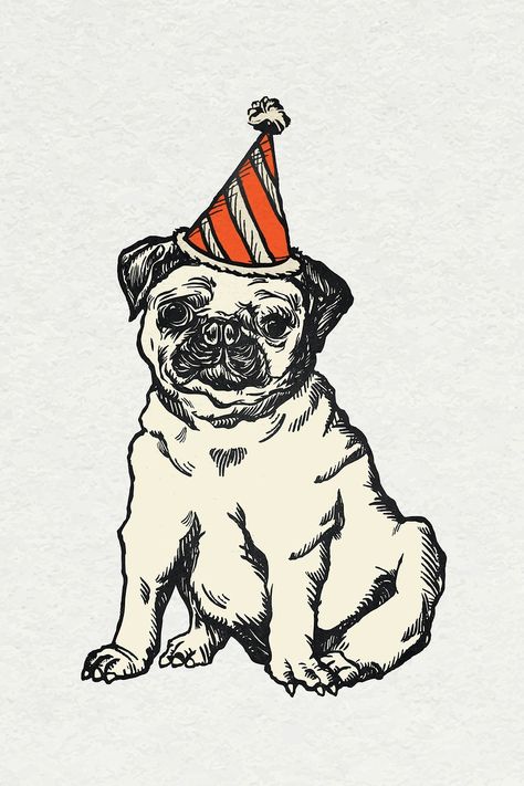 Pug dog sticker vector vintage birthday theme illustration | free image by rawpixel.com / Adjima Vintage Birthday Theme, Birthday Pug, Theme Illustration, Pug Illustration, Dog Playground, Puppy Drawing, Birthday Post Instagram, Dog Happy, Dog Sticker